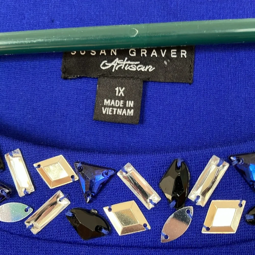 Susan Graver Royal Blue Stretch Knit Dressy Festive Top, 1X - Picture 2 of 7